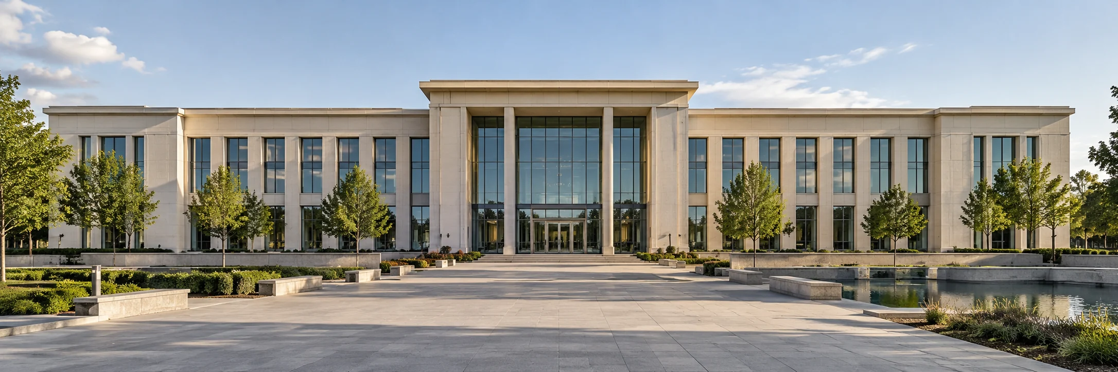 Illustrative contemporary civic administration building and public plaza.